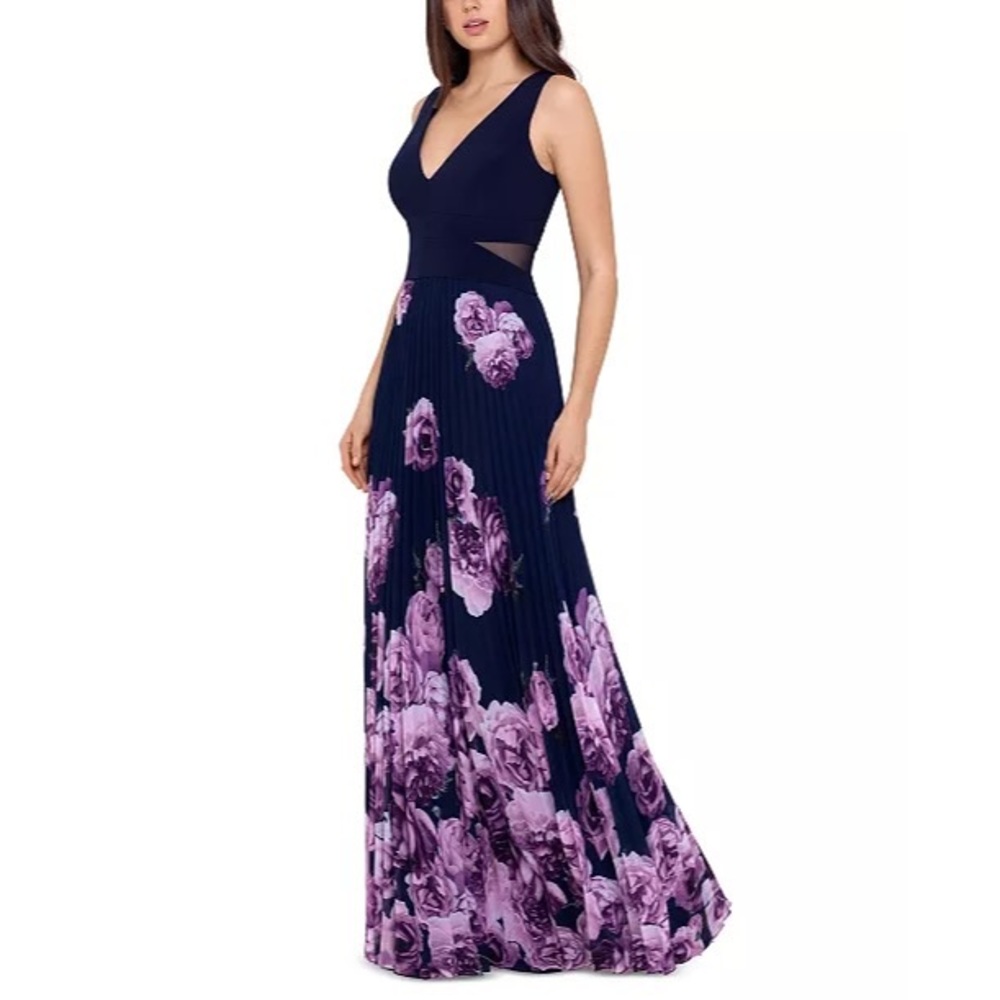 XSCAPE Illusion-waist Floral Pleated Gown